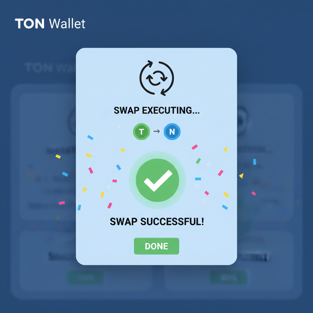 confirmation popup in TON Wallet, swap executing animation, success checkmark, confetti effects