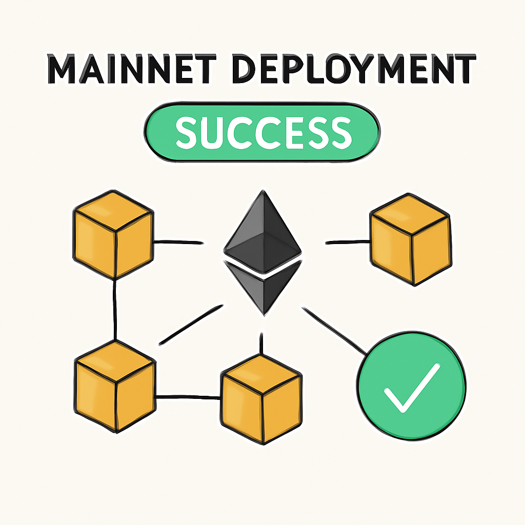 Mainnet Ethereum deployment success with blockchain graphic