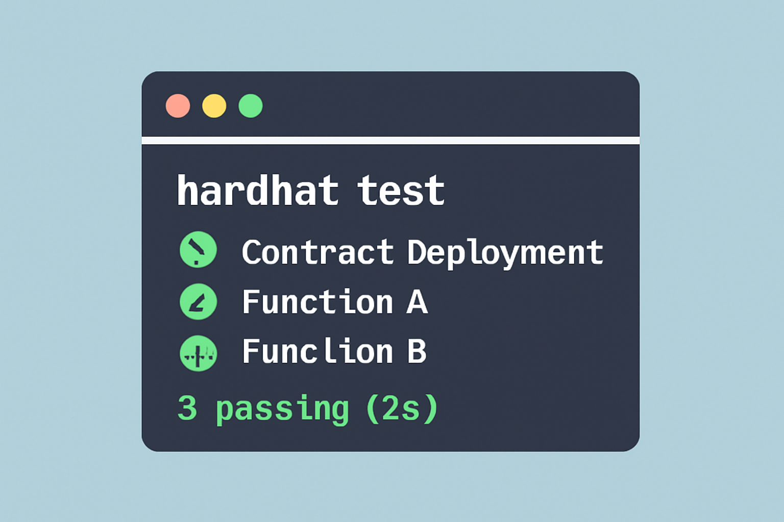 Hardhat test suite running in terminal with green checks
