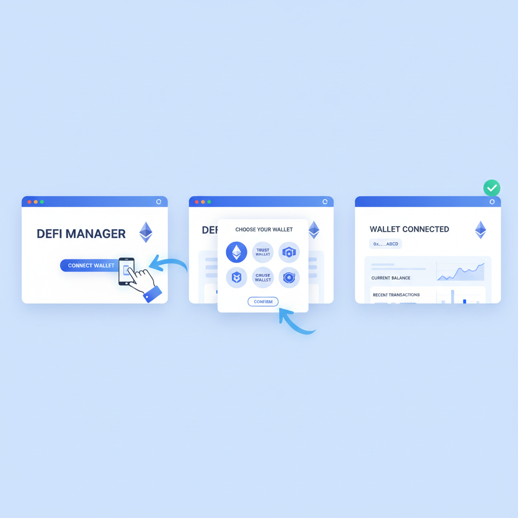 user connecting ethereum wallet to web tool dashboard, clean UI, blue tones, ethereum logo