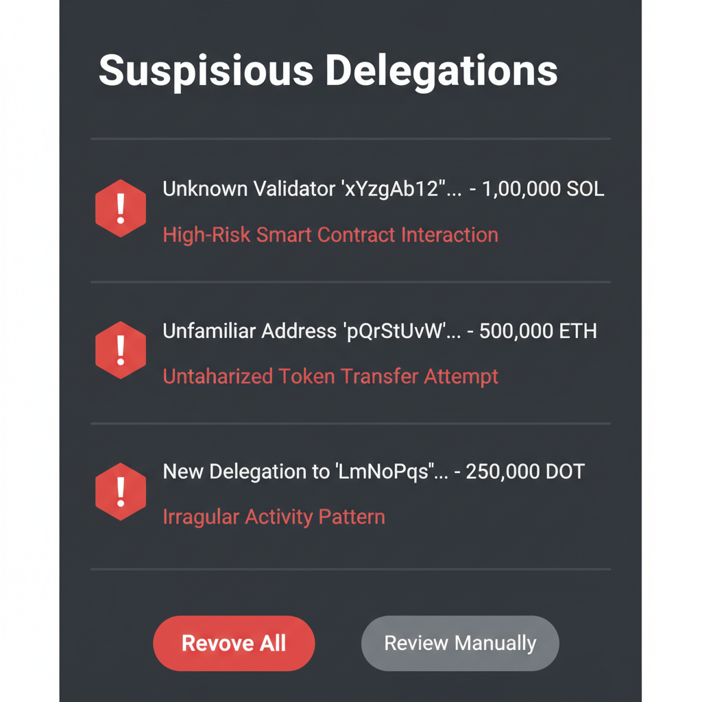 closeup of wallet security dashboard listing suspicious delegations, warning icons, dark mode