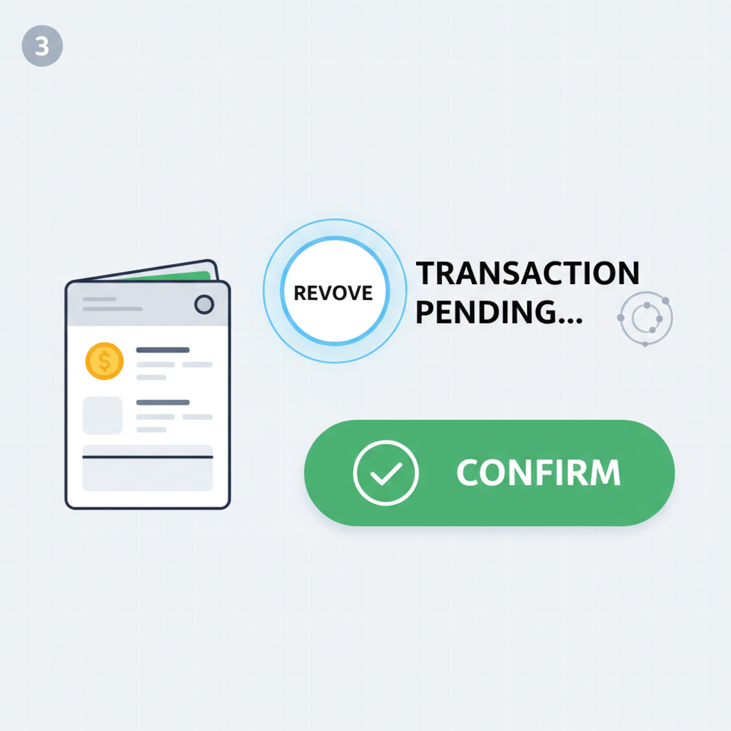 revoke button clicked on wallet tool, transaction pending animation, green confirm