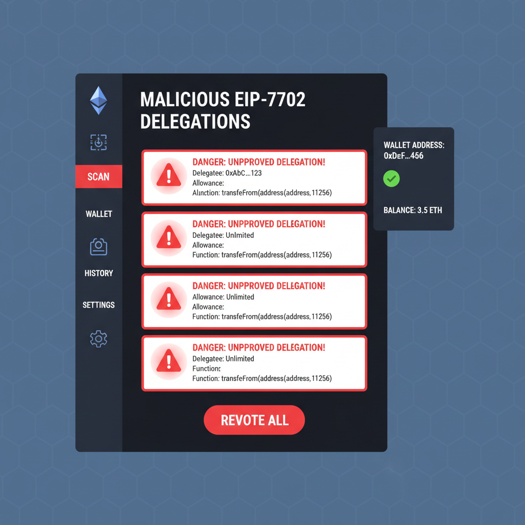 ethereum wallet scanner interface showing malicious EIP-7702 delegations list, red warnings, tech dashboard