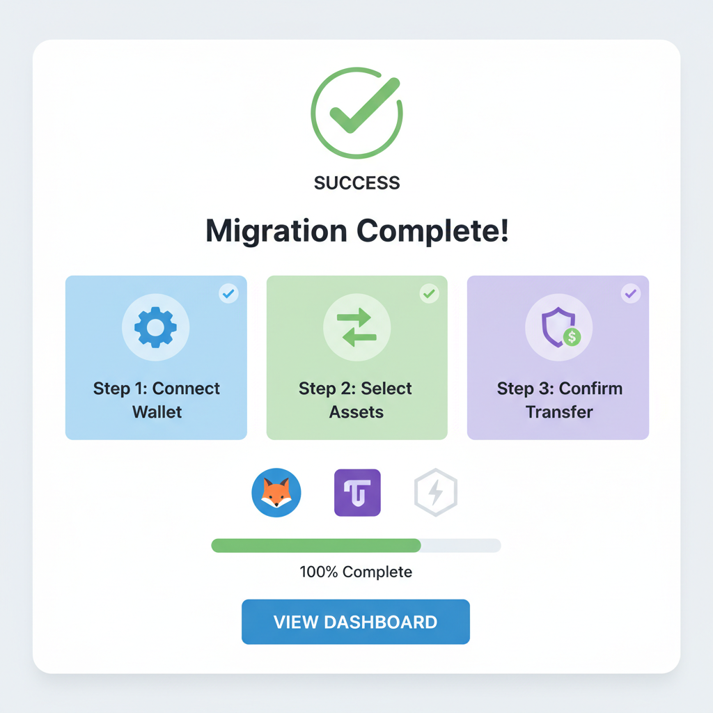 success checkmark on clean dashboard, migration setup screen, smart wallet icons