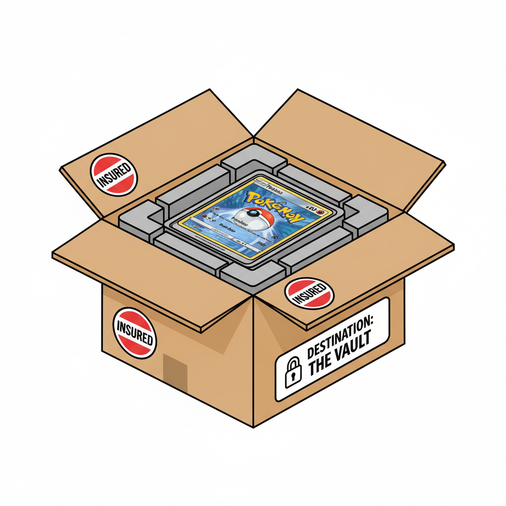 secure shipping box with insured labels, foam padding around PSA Pokémon slab, vault destination tag