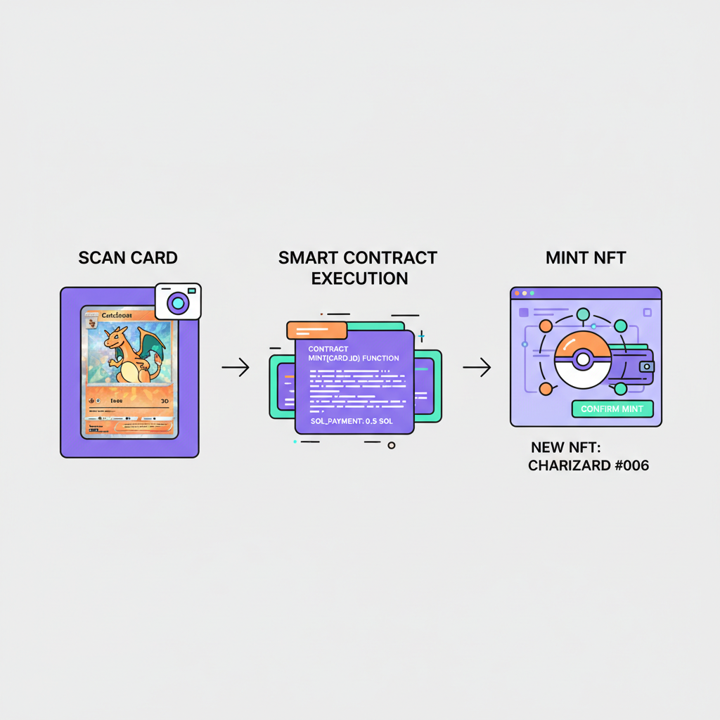 Solana blockchain interface minting Pokémon NFT from physical card image, smart contract code glowing