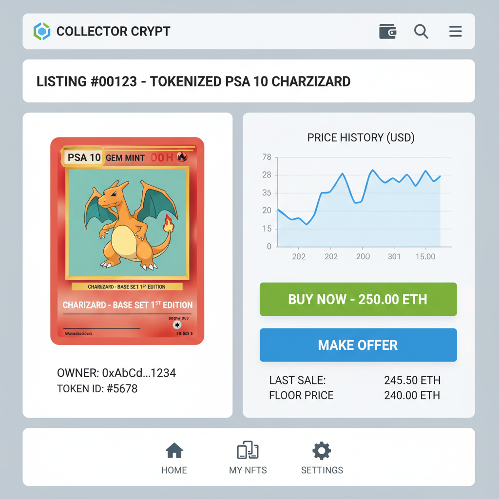 Collector Crypt marketplace UI listing tokenized PSA Pokémon NFT, price chart and trade buttons