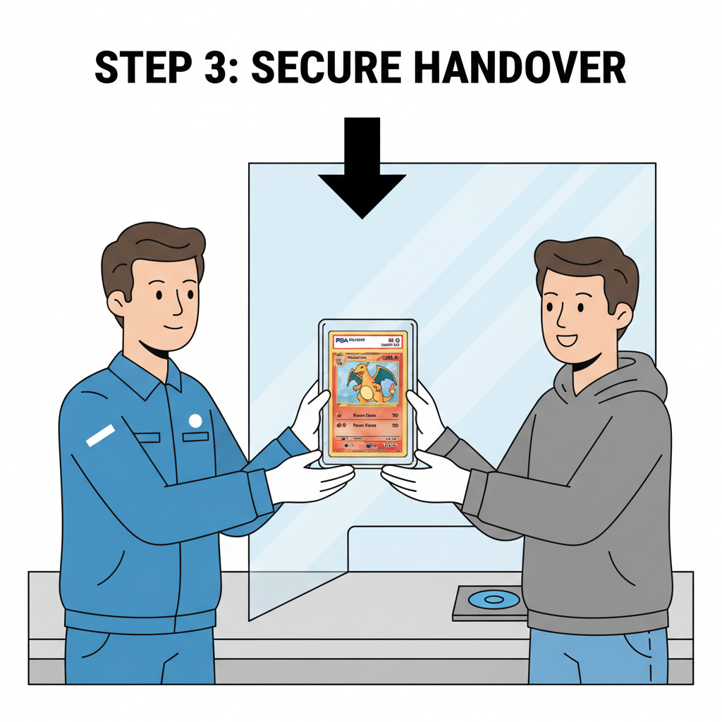 vault technician handing over PSA Pokémon card slab to collector, secure handover scene