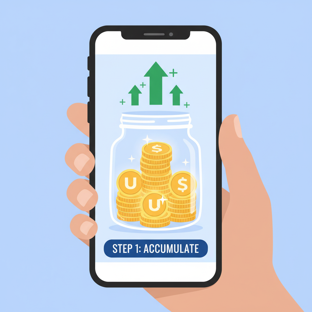 USDC coins stacking up in savings jar on mobile screen, golden glow, upward arrows for growth