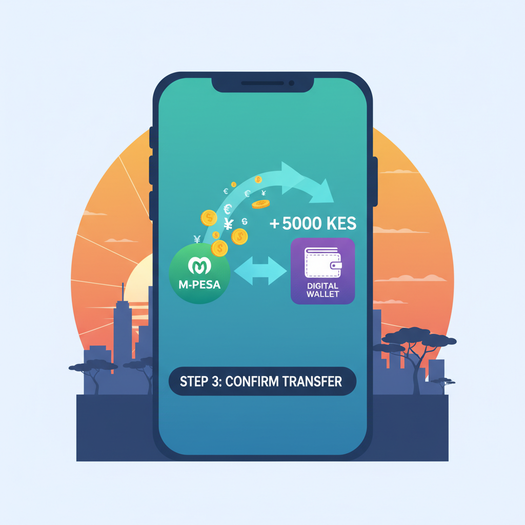 exciting scene of money transferring from M-PESA to digital wallet on phone, glowing arrows, African skyline