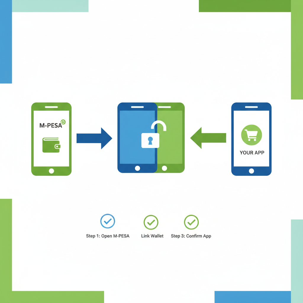 illustration of linking M-PESA wallet to app, phone icons connecting, bold green and blue tones