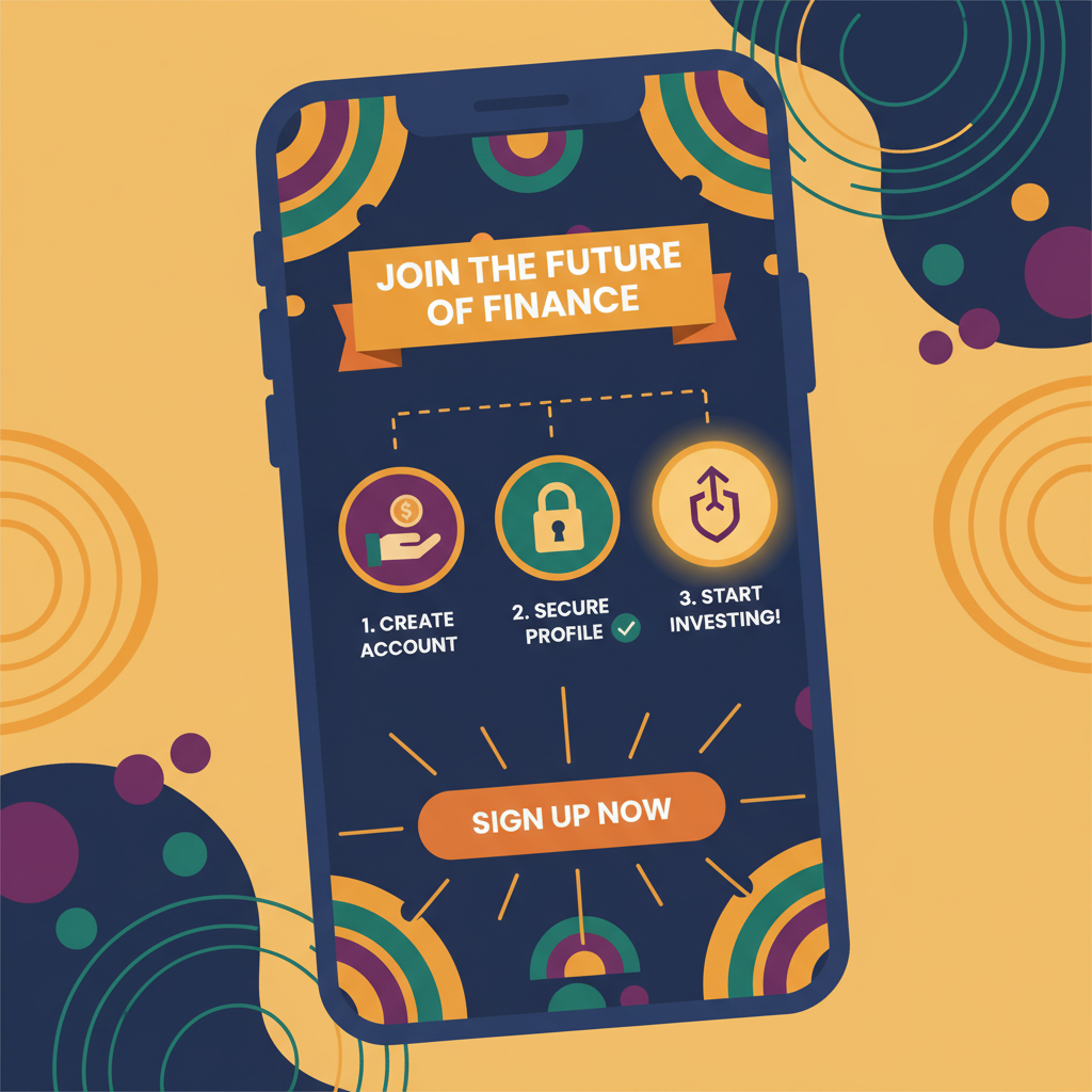 dynamic mobile phone screen showing signup on fintech app, vibrant African colors, motivational energy