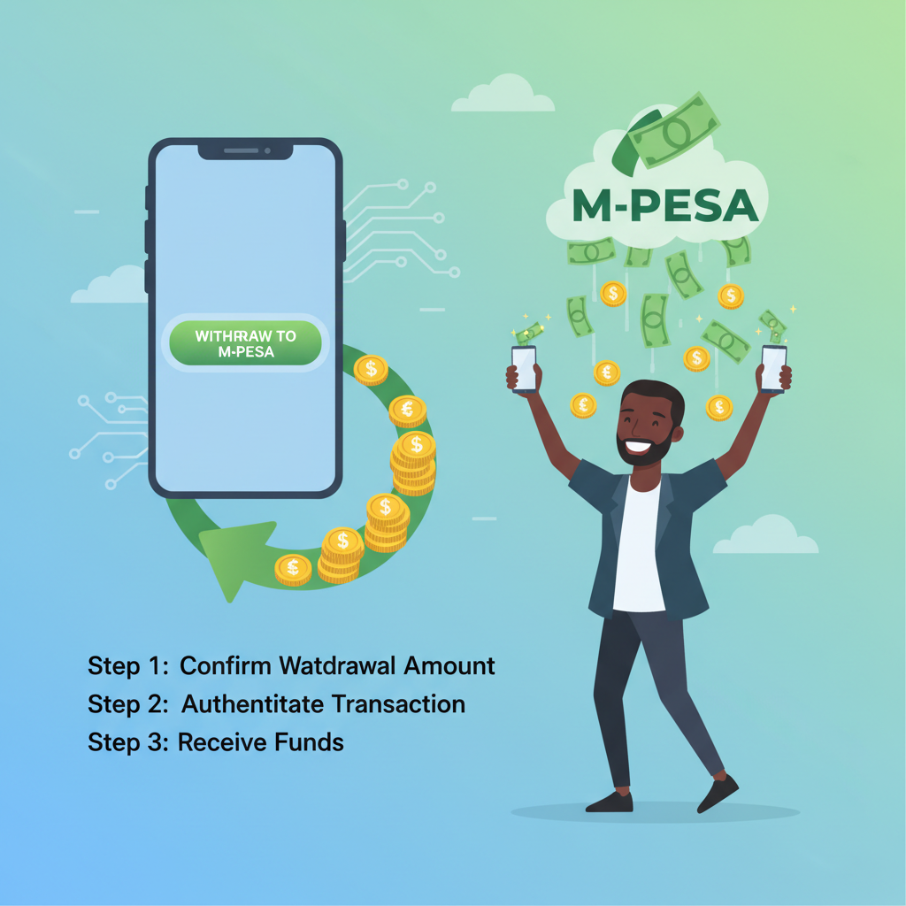 smooth withdrawal flow from app to M-PESA, money raining on phone, triumphant African entrepreneur