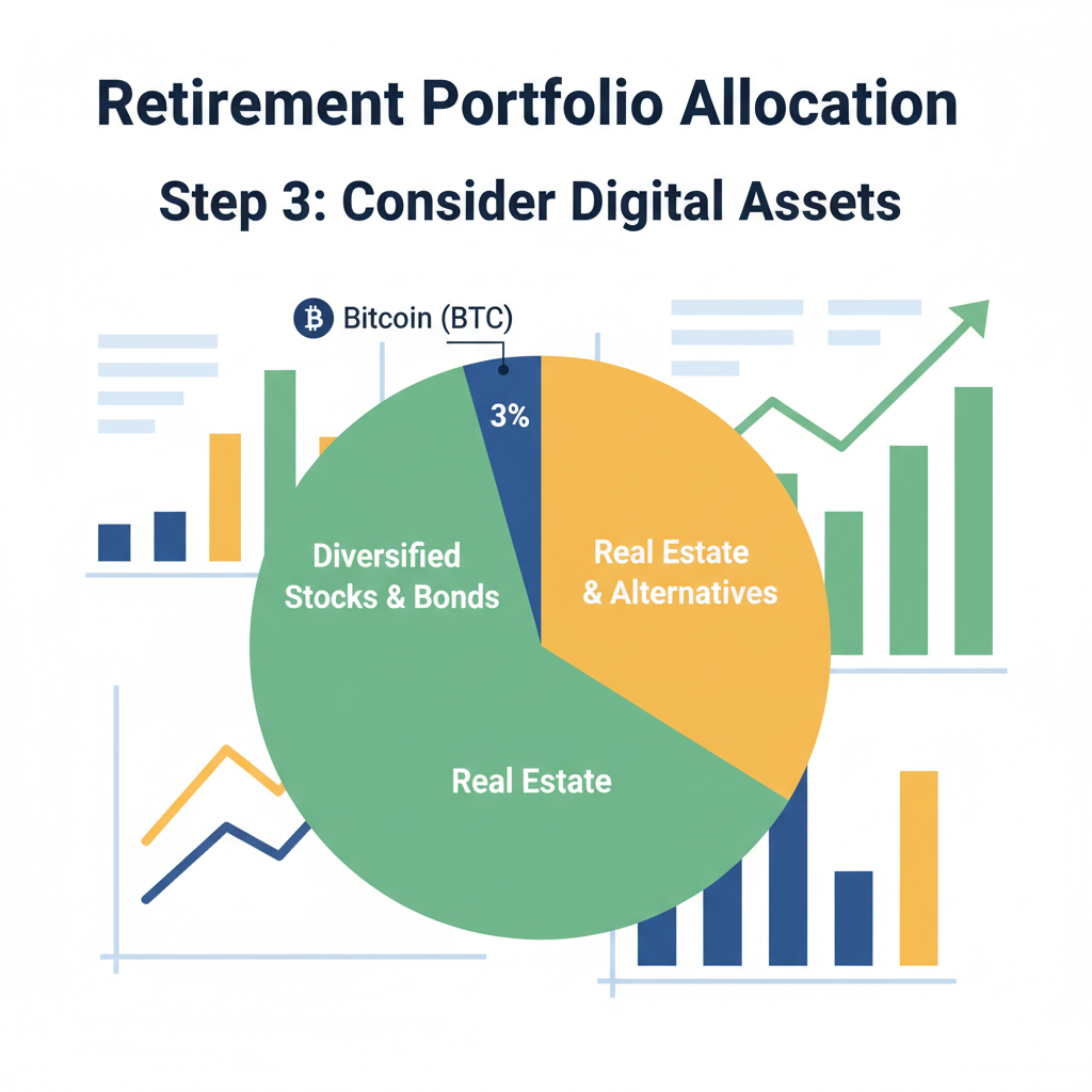 pie chart showing 3% Bitcoin slice in retirement portfolio, colorful graphs, professional finance style