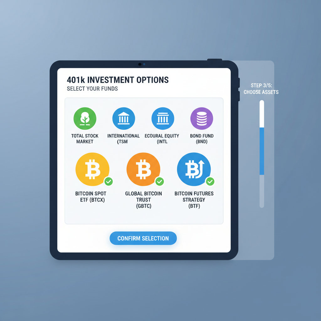 selection of Bitcoin ETF icons on a 401k investment menu screen, sleek digital interface
