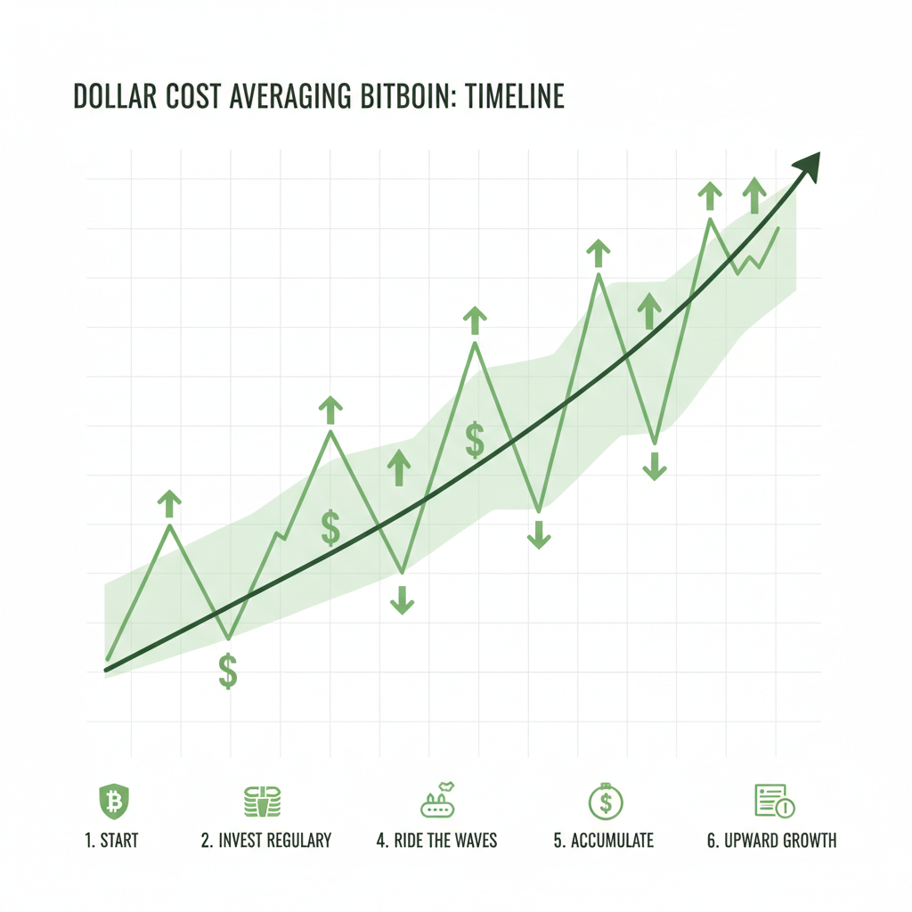 dollar cost averaging timeline graph with Bitcoin price waves, upward trend, green accents