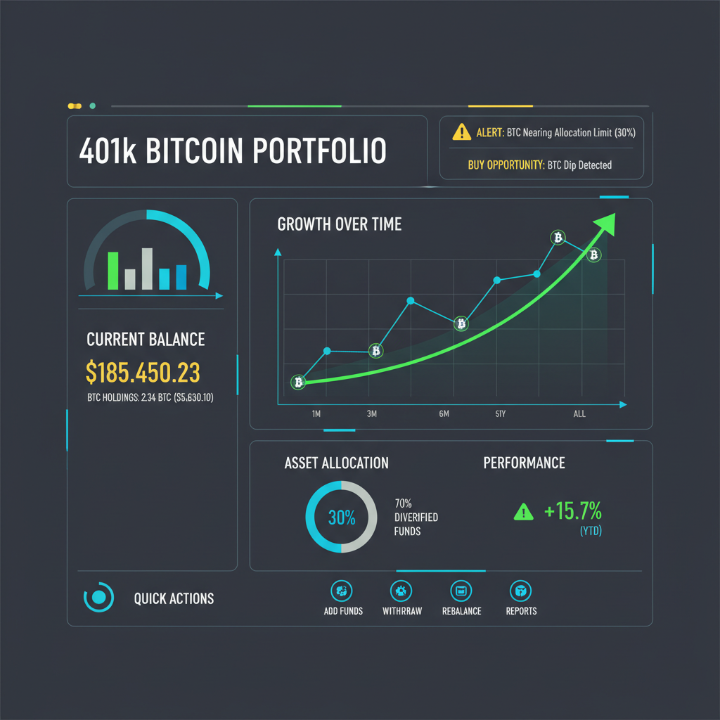 dashboard monitoring Bitcoin in 401k with alerts, charts showing growth, futuristic UI