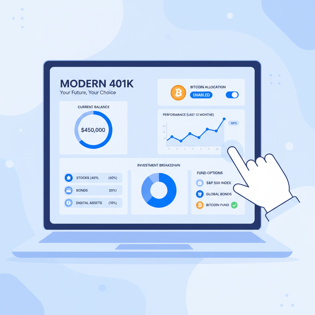 modern 401k dashboard on laptop screen showing Bitcoin option enabled, financial charts, blue tones