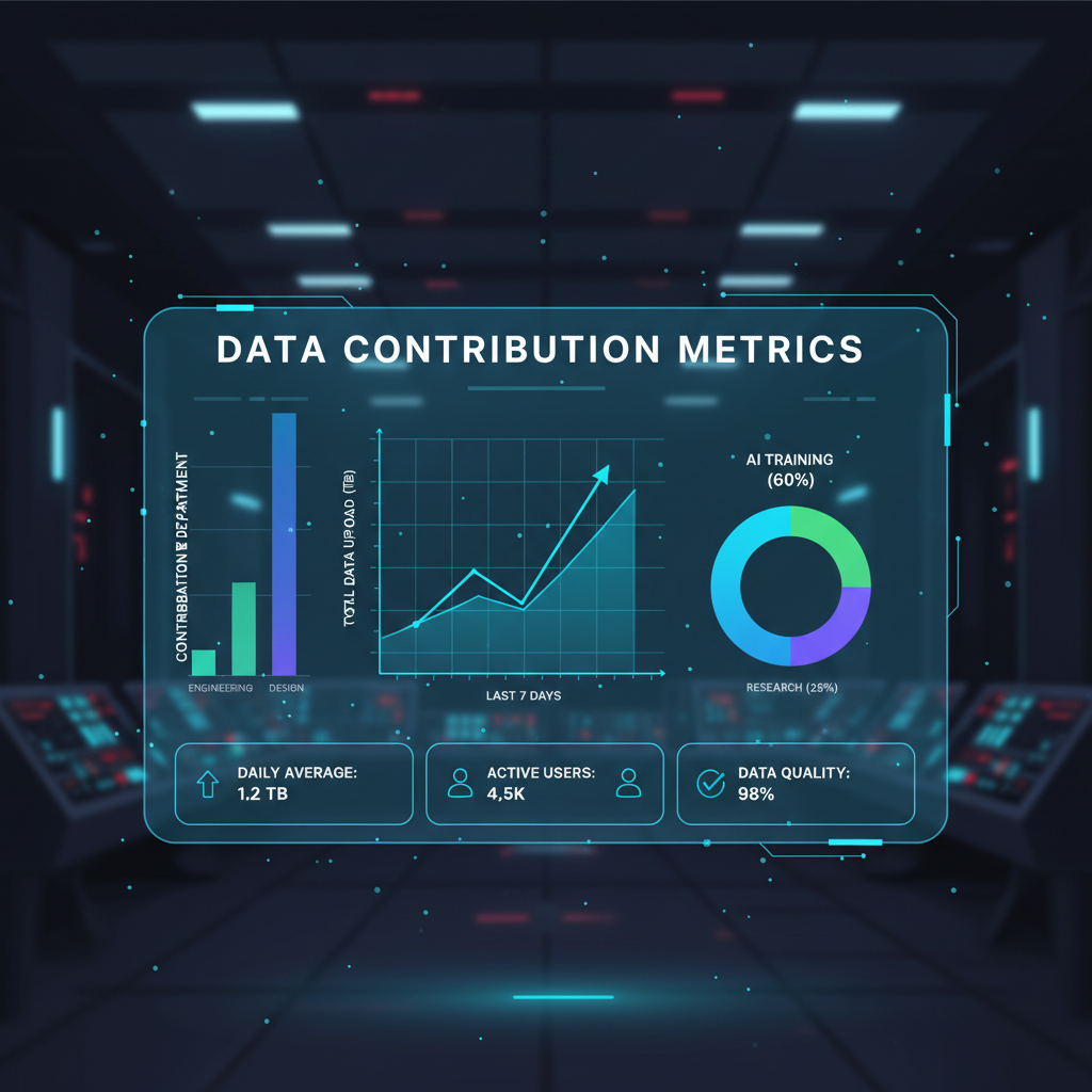 dashboard showing data contribution metrics and graphs, holographic display, sci-fi interface