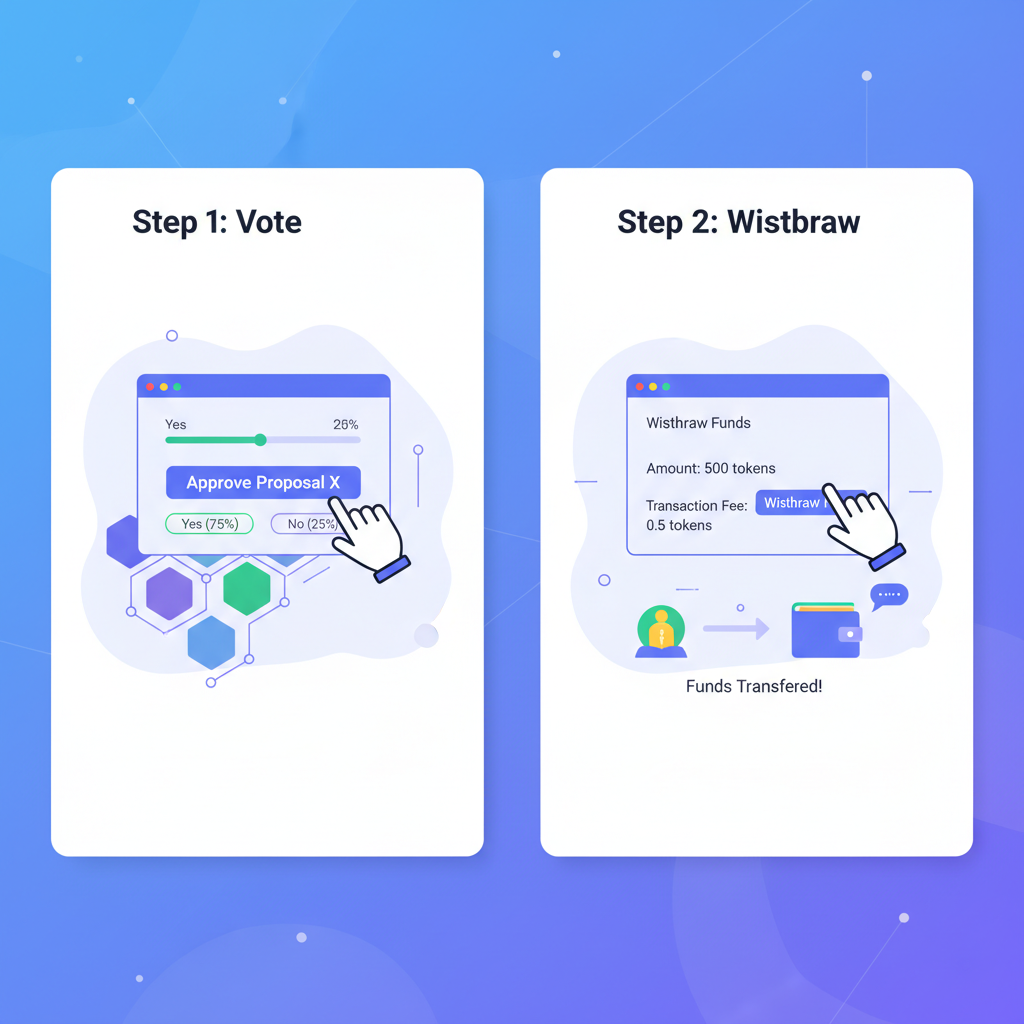 user voting in DAO interface and withdrawing funds, blockchain network visualization