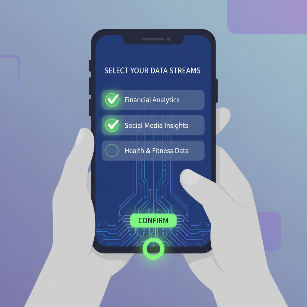 person selecting data streams on mobile app interface, glowing checkboxes, abstract data flows