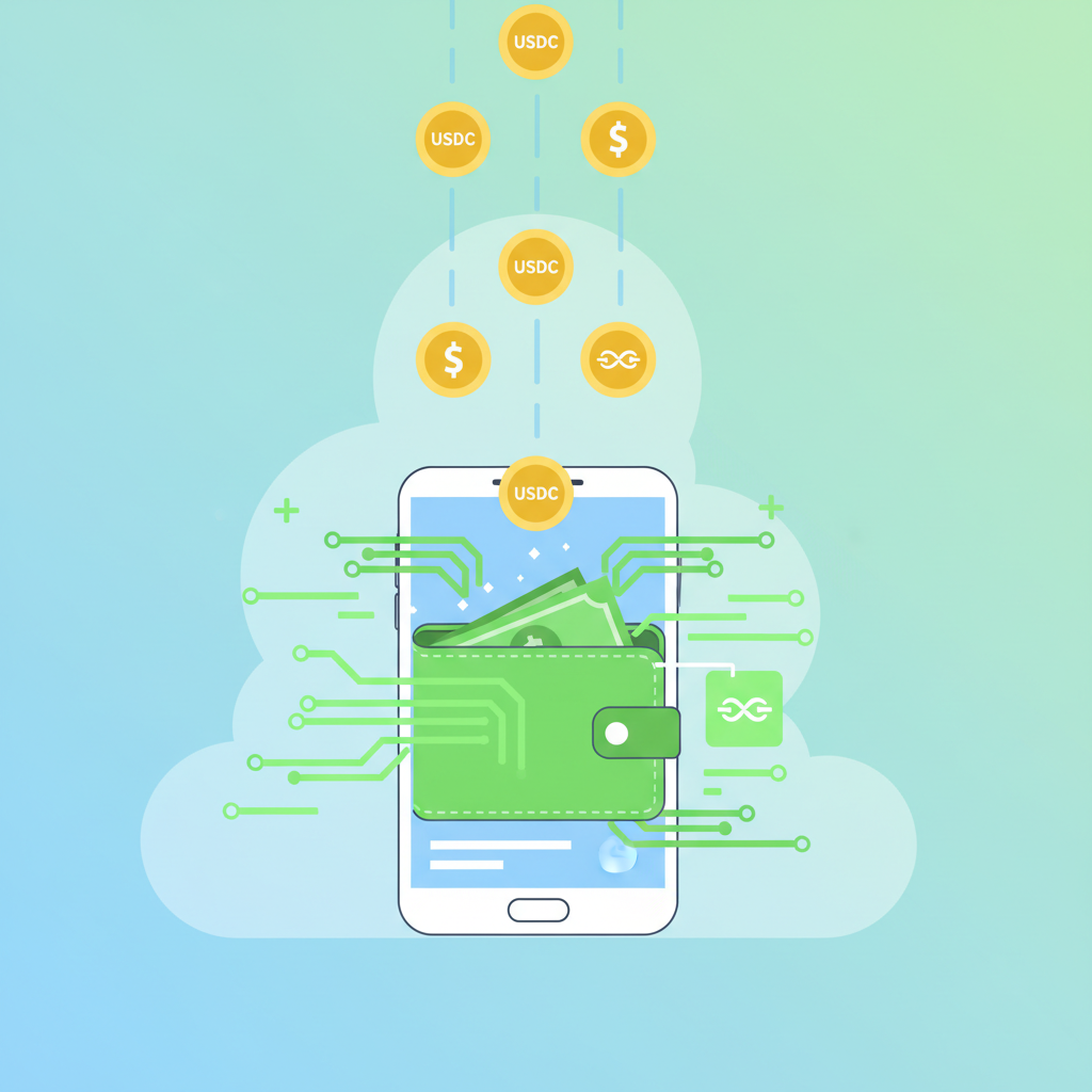USDC coins raining into digital wallet, stablecoin symbols, vibrant green transfers
