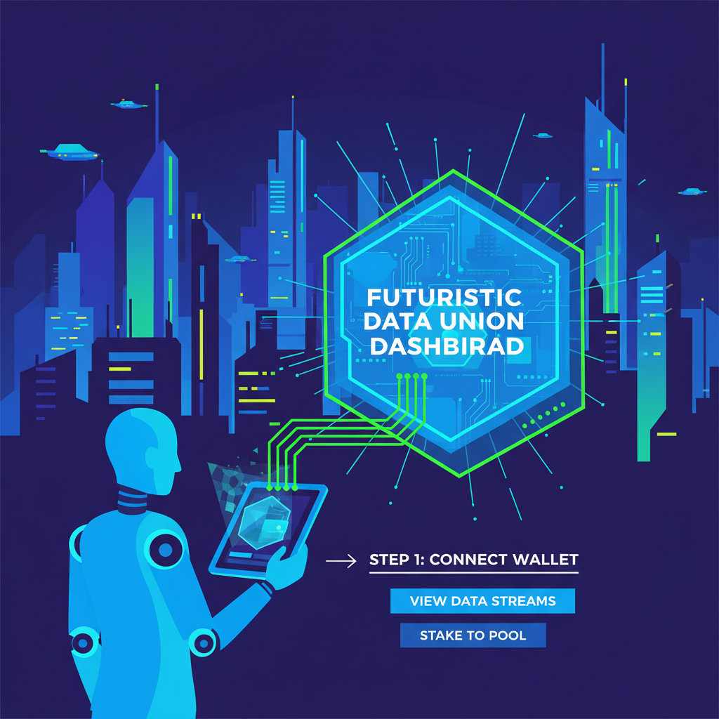user connecting crypto wallet to futuristic data union dashboard, neon blues and greens, cyberpunk style