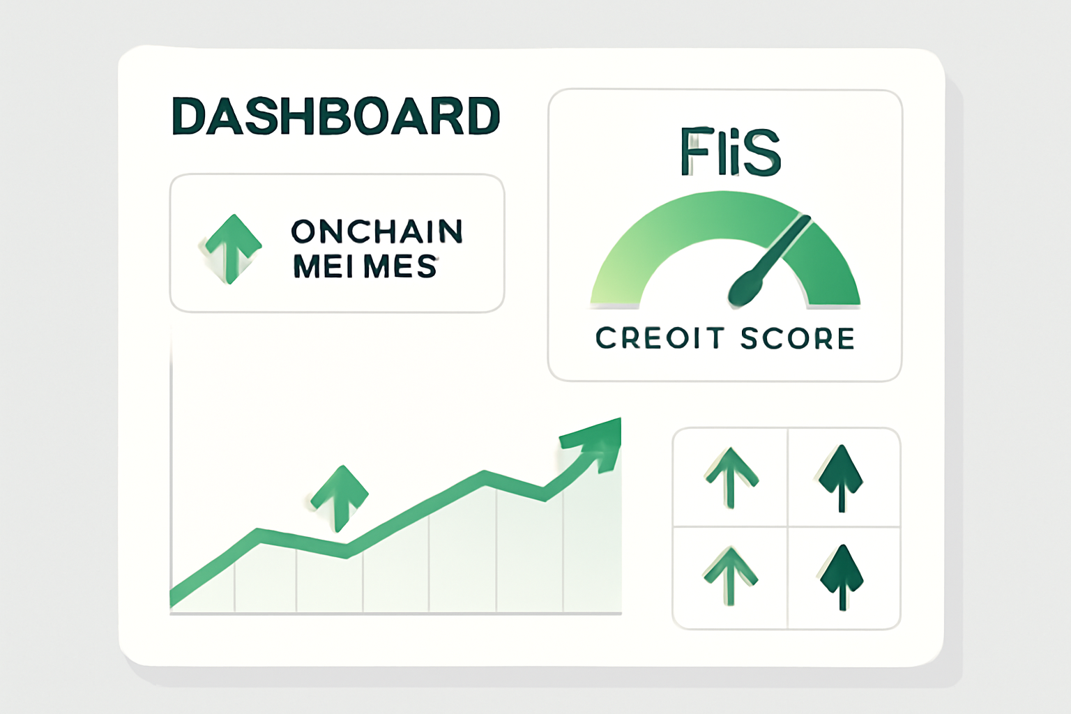 dashboard showing rising FIS credit score graph, on-chain metrics, green upward arrows, modern UI