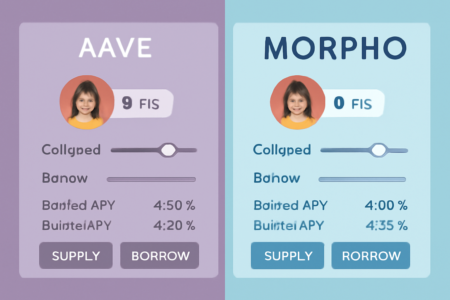 split screen Aave and Morpho lending interfaces with Veera FIS badge, collateral and borrow sliders