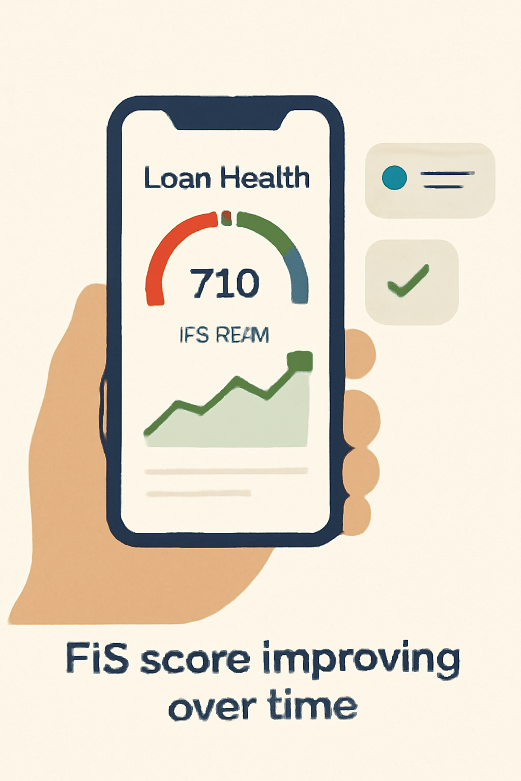 mobile app monitoring loan health, FIS score improving over time, notifications popping up