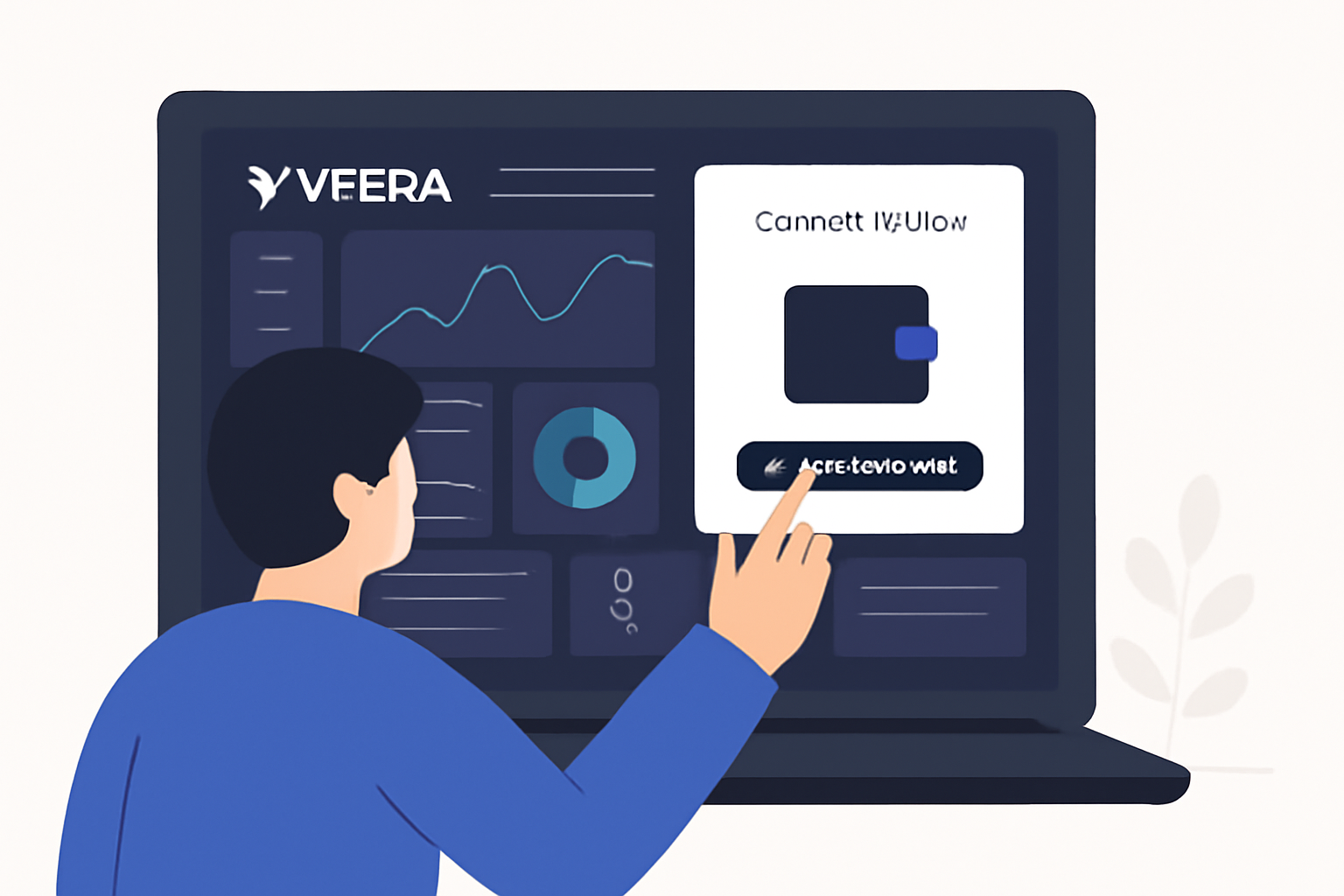 simple illustration of user connecting wallet to Veera dashboard on laptop, futuristic DeFi interface, clean design