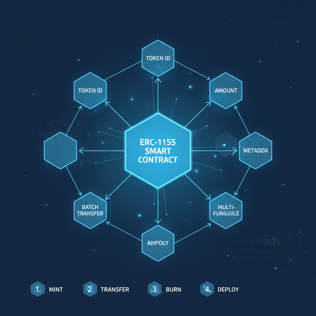 sleek ERC-1155 smart contract diagram glowing on blockchain network, futuristic blue tones