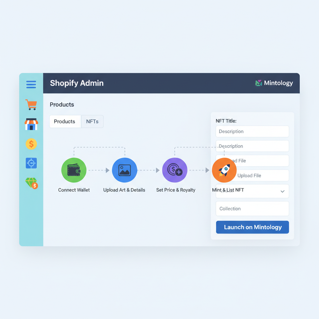 Shopify dashboard integrating NFT minting with Mintology interface, vibrant eCommerce icons