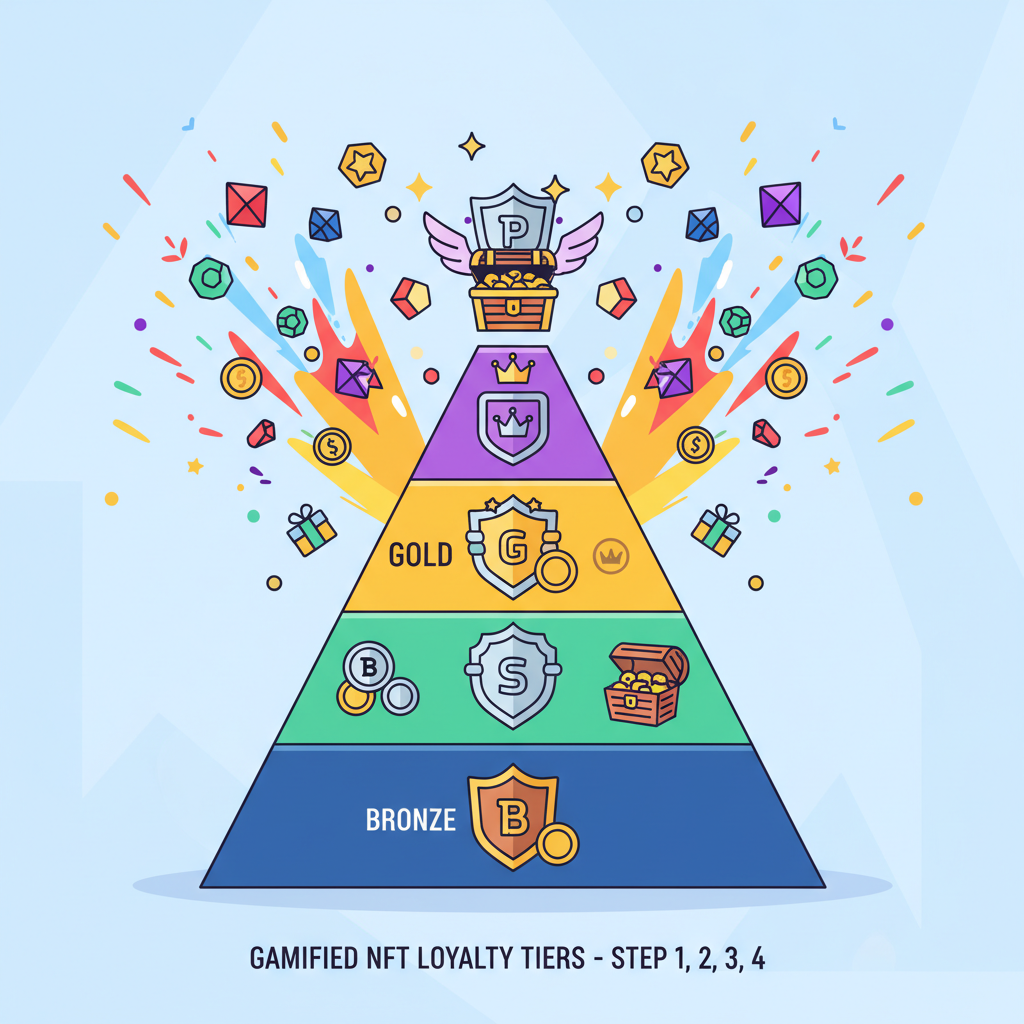 gamified NFT loyalty tiers pyramid with stamps badges rewards exploding in colors