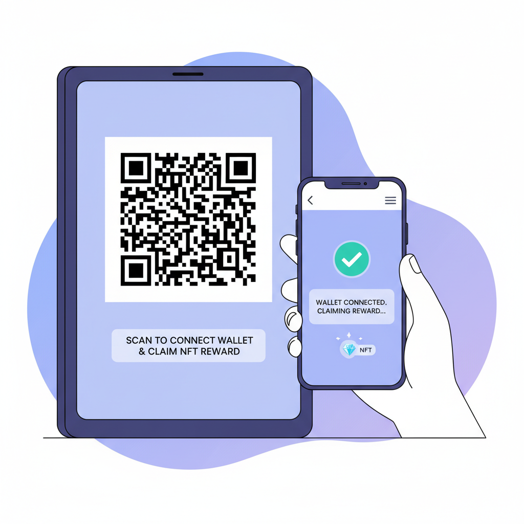 customer scanning QR code to connect wallet for NFT loyalty reward, mobile friendly