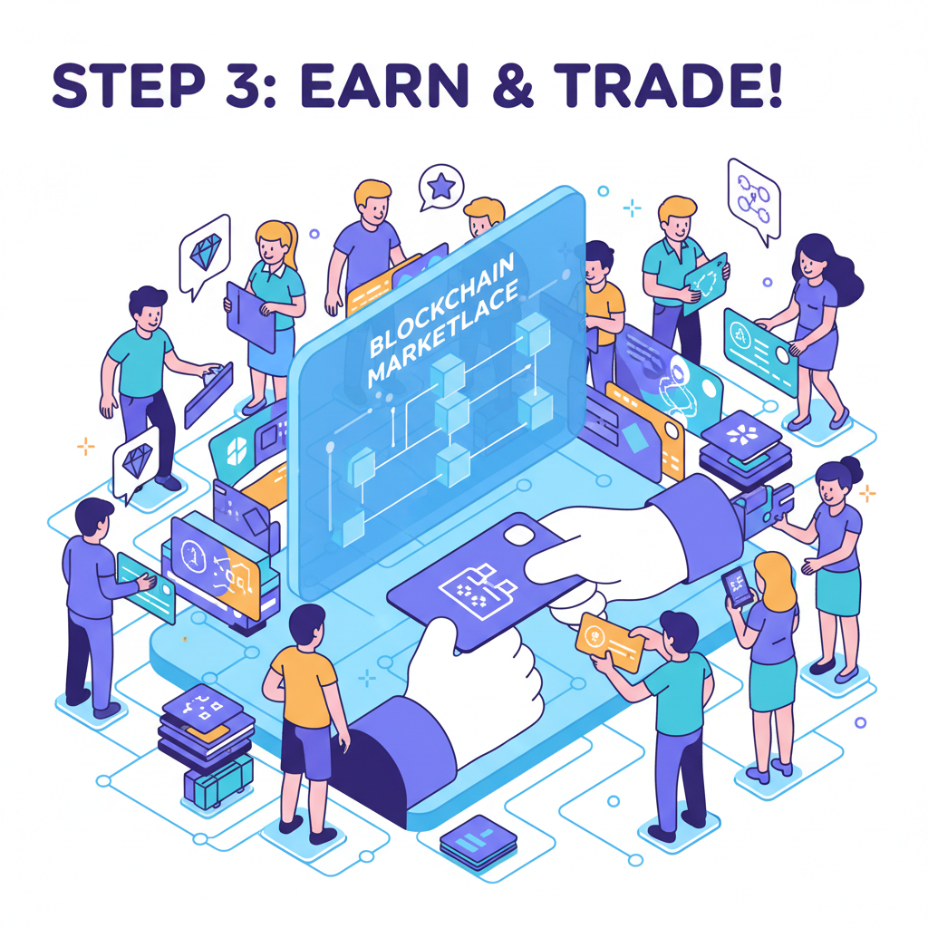 bustling NFT marketplace with loyalty cards trading hands, blockchain marketplace vibe
