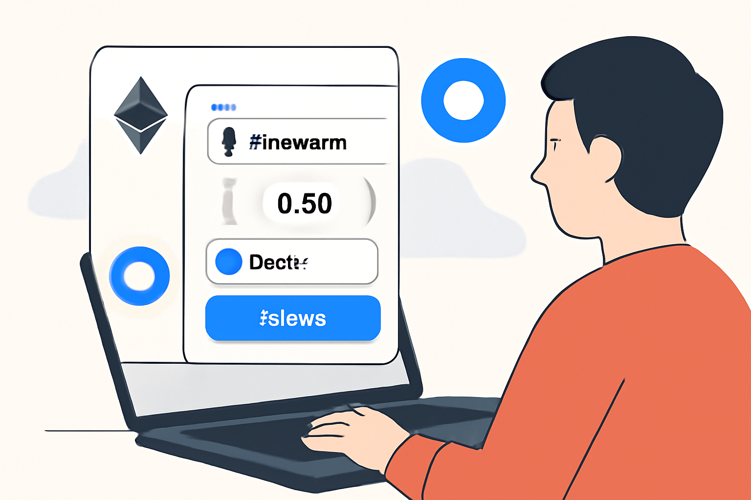A user transferring ETH from Ethereum to the Base network using a bridge interface on a laptop, with network logos visible.