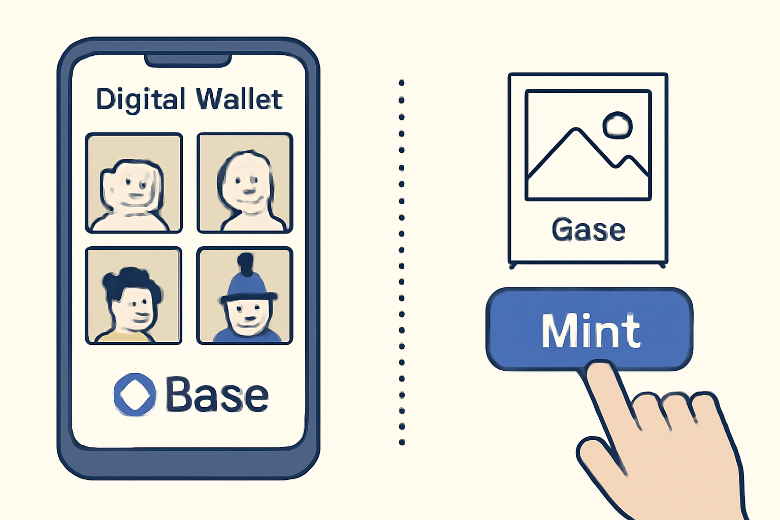 A digital wallet displaying Base-native NFTs and a user minting a new NFT from a Base project.