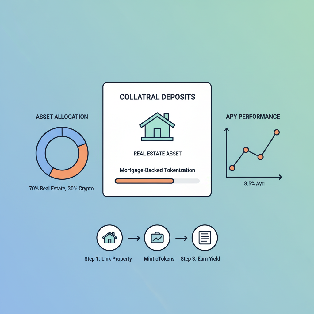 defi dashboard showing real estate collateral deposit, home icon mortgage backed, charts