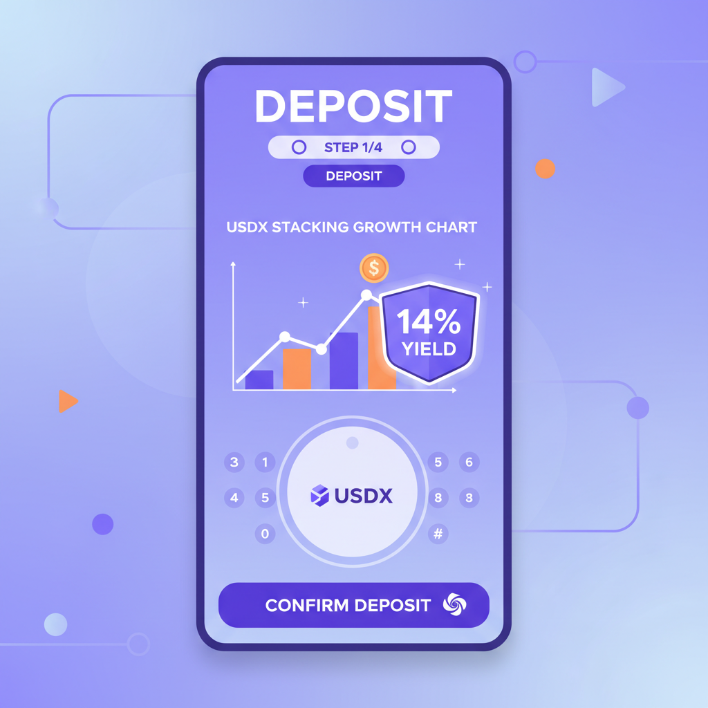 yieldvault deposit screen, usdX stacking growth chart, 14% yield badge, solana theme