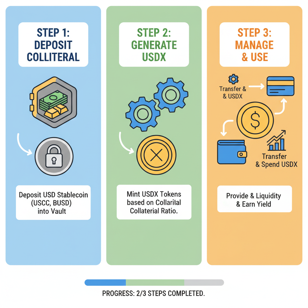 minting stablecoin interface, usdX token generation, collateral vault visualization