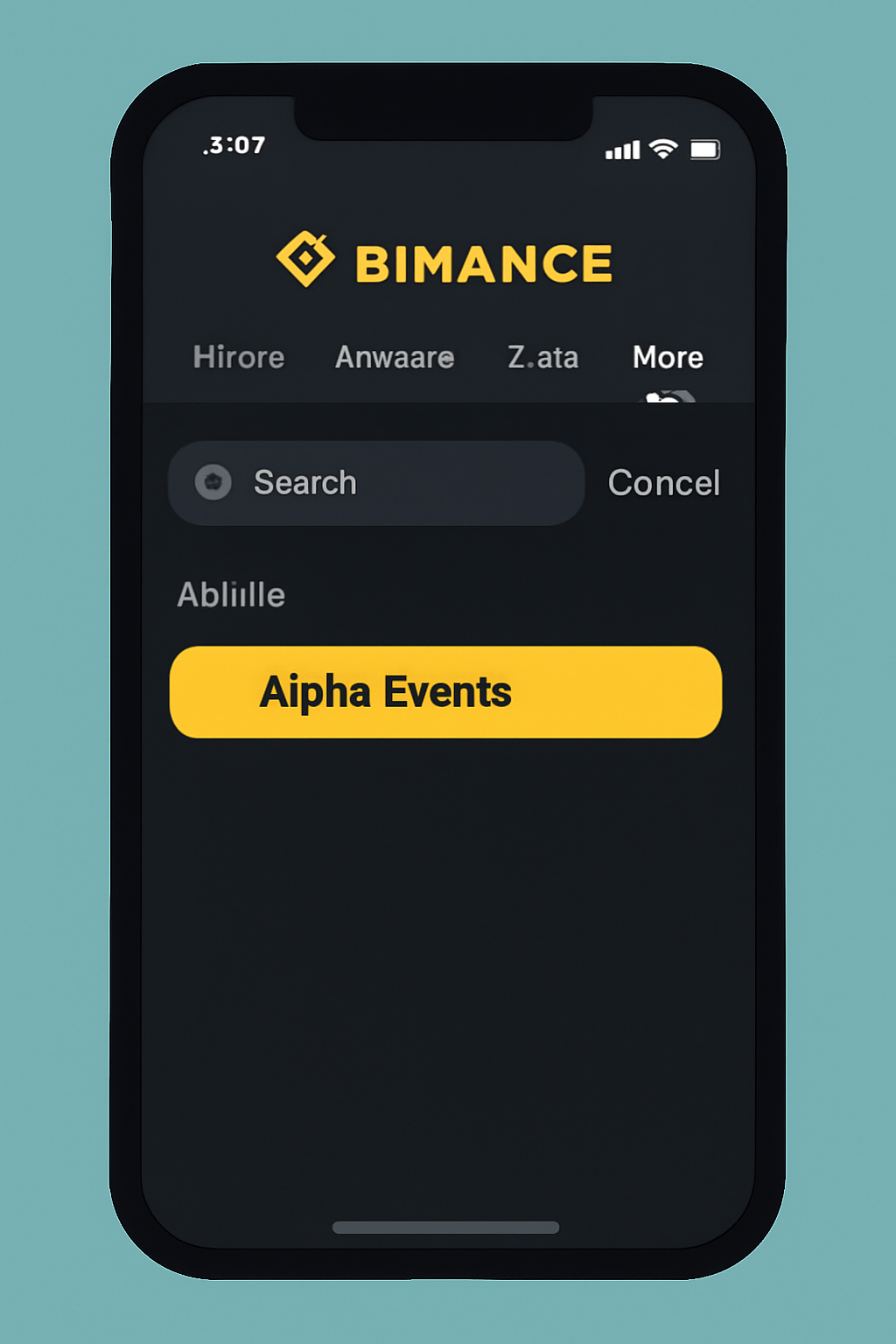 A smartphone screen displaying the Binance app, with the 'More' menu open and 'Alpha Events' highlighted in the search results.