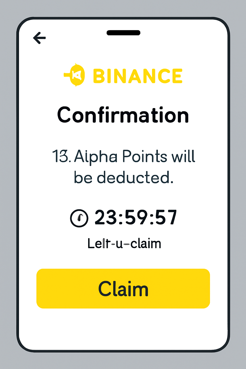 A confirmation pop-up on the Binance app, with a 'Claim' button and a 24-hour countdown timer, highlighting the deduction of 15 Alpha Points.