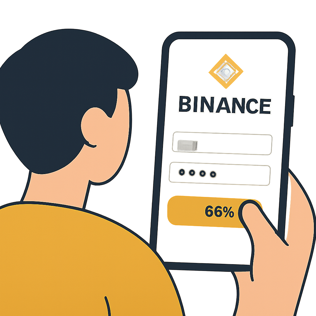 A person logging into the Binance app on a smartphone, showing the Binance logo and a secure login screen.