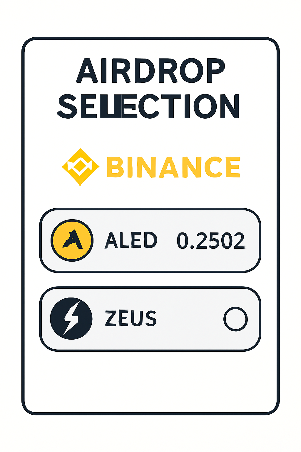 Airdrop selection screen on Binance, showing ALEO and ZEUS options, with ALEO price $0.2502 clearly displayed.