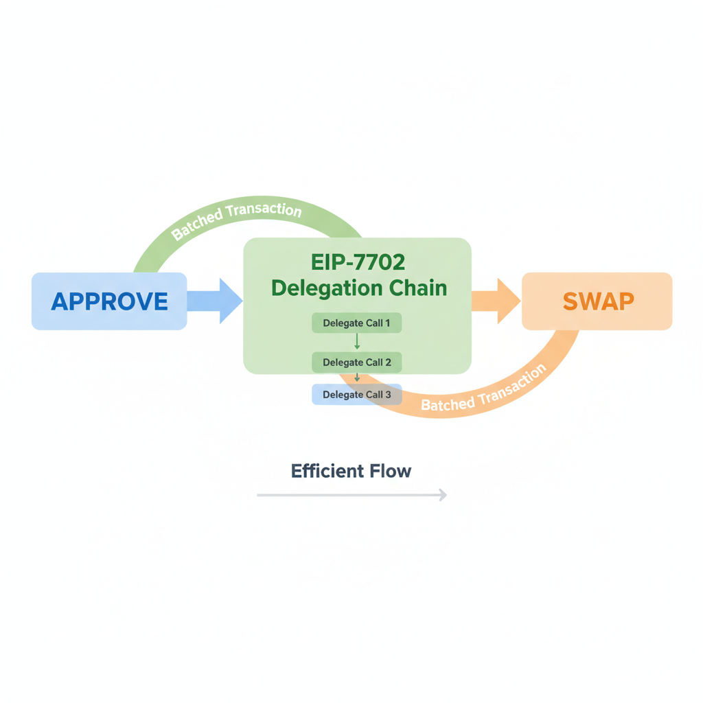 batched transaction arrows from approve to swap, EIP-7702 delegation chain, efficient flow diagram