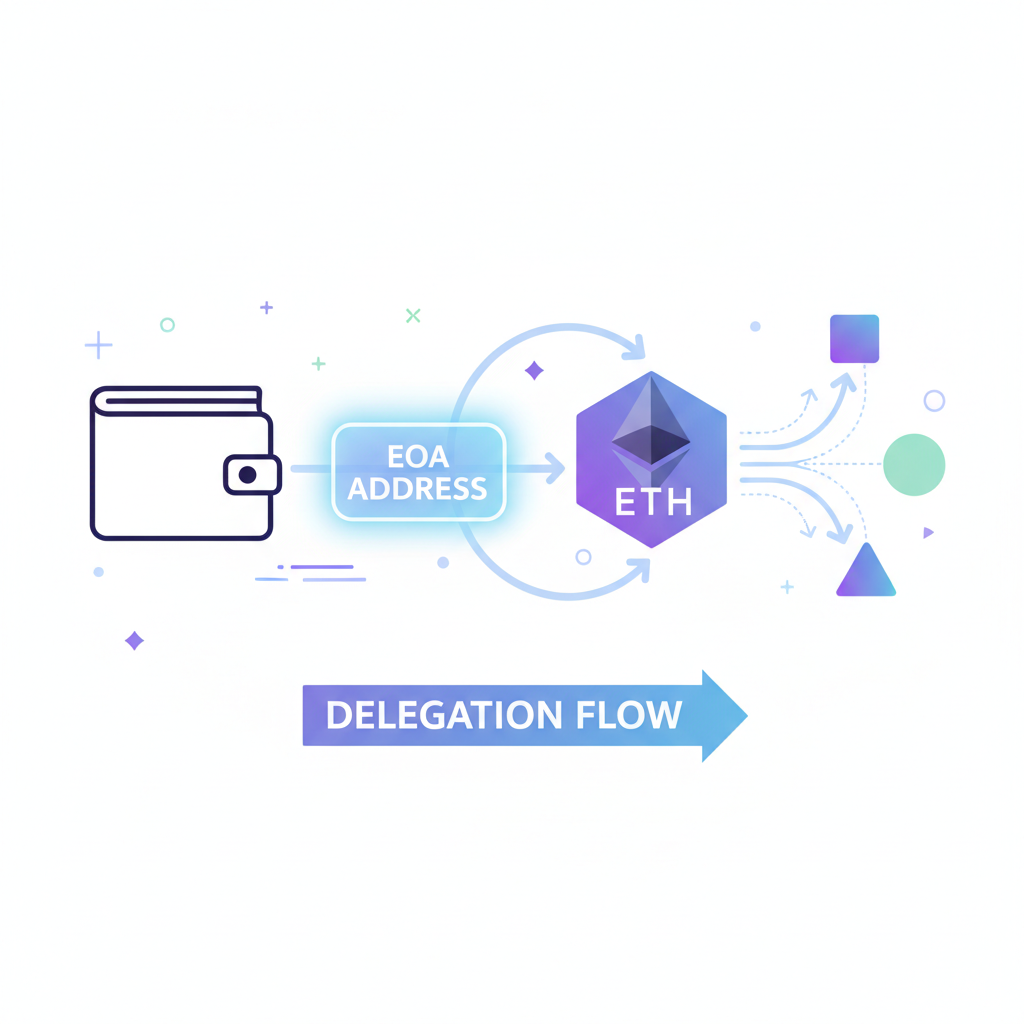 wallet icon connecting to Ethereum chain, EOA address glowing, abstract delegation flow
