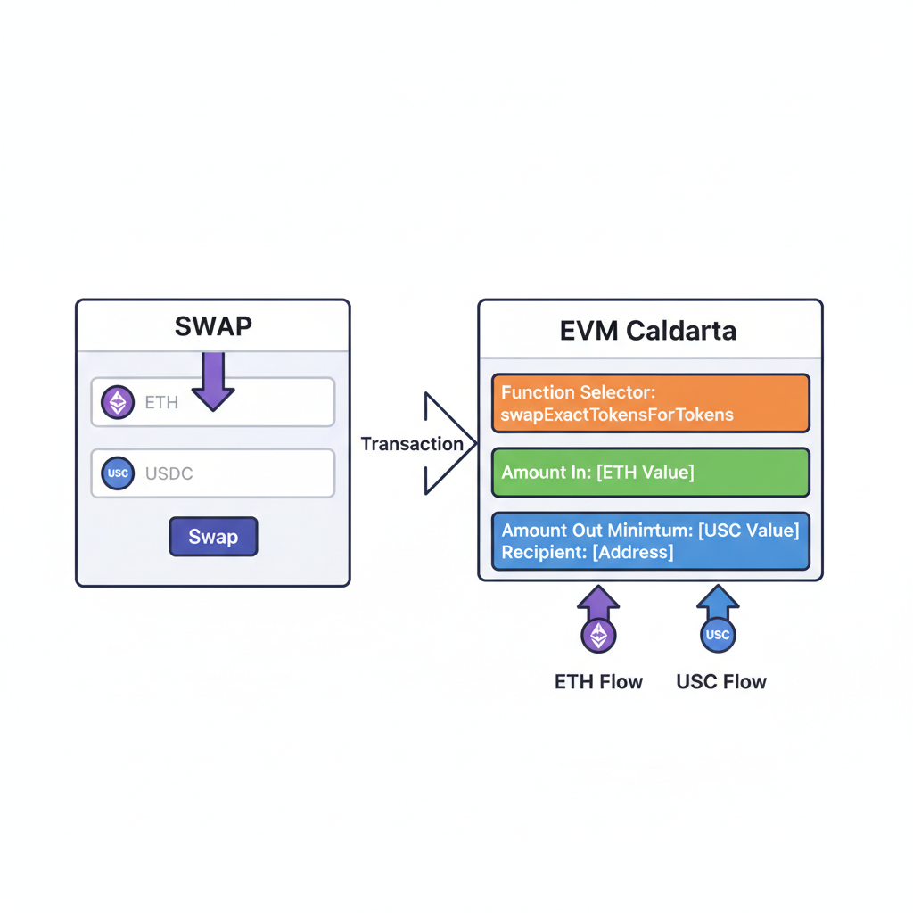 Uniswap swap interface diagram, calldata encoding visualization, ETH and USDC flowing