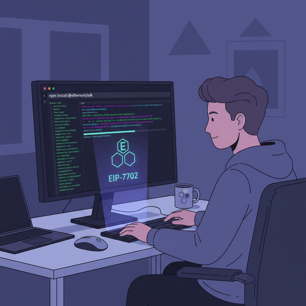 developer at desk installing npm packages for Ethereum SDK, glowing EIP-7702 logo, dark mode terminal
