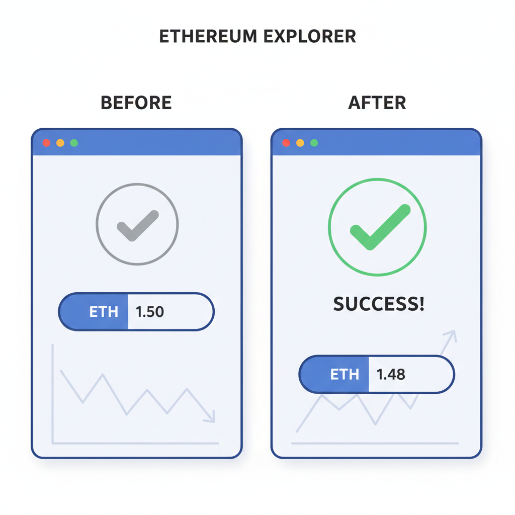 success checkmark on Ethereum explorer, before-after wallet balances, price chart backdrop